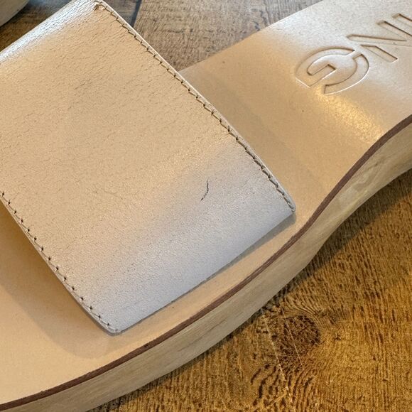 Mango Leather Mules Slides Wood Heel Sole Size 11 Summer Tan Nude - Picture 8 of 10